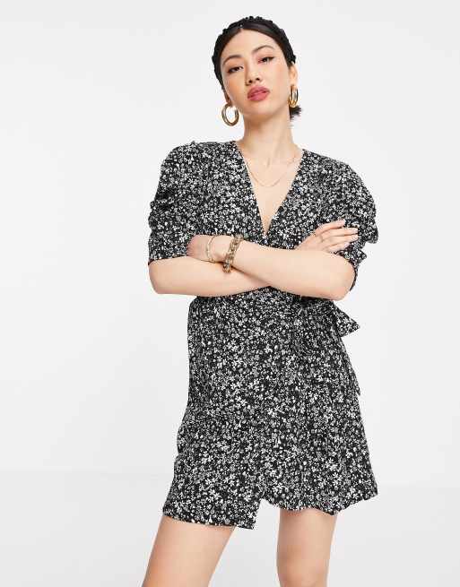 Mango ditsy floral wrap dress in black | ASOS