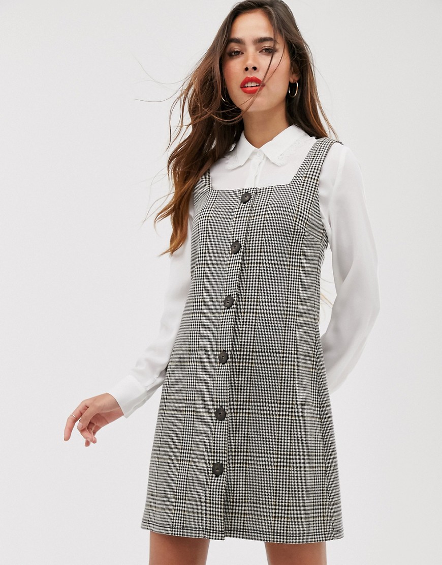 Mango dogtooth button front square neck dress in multi-Grey