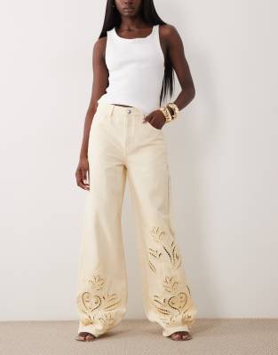 Mango Doja 100% Cotton Straight Jeans With Embroidery Detail In Yellow