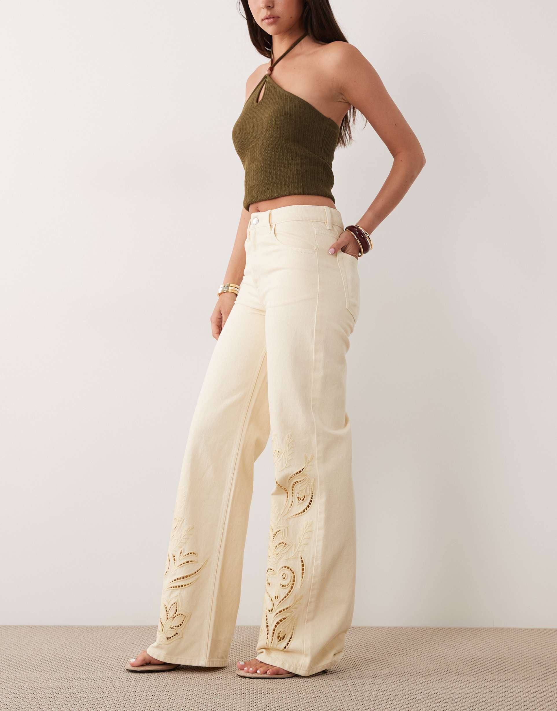 mango doja 100% cotton straight jeans with embroidery detail in buttermilk yellow