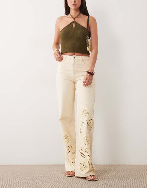 Mango - Doja - Jean droit en coton avec détails brodés - Jaune babeurre, 3 de 5