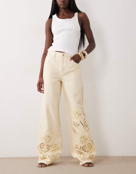 Mango - Doja - Jeans dritti in 100% cotone giallo latticello con ricamo - view 1