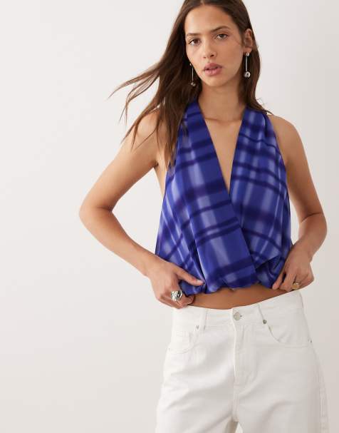 Mango Dolpin halterneck top in blue plaid - part of a set - view 1