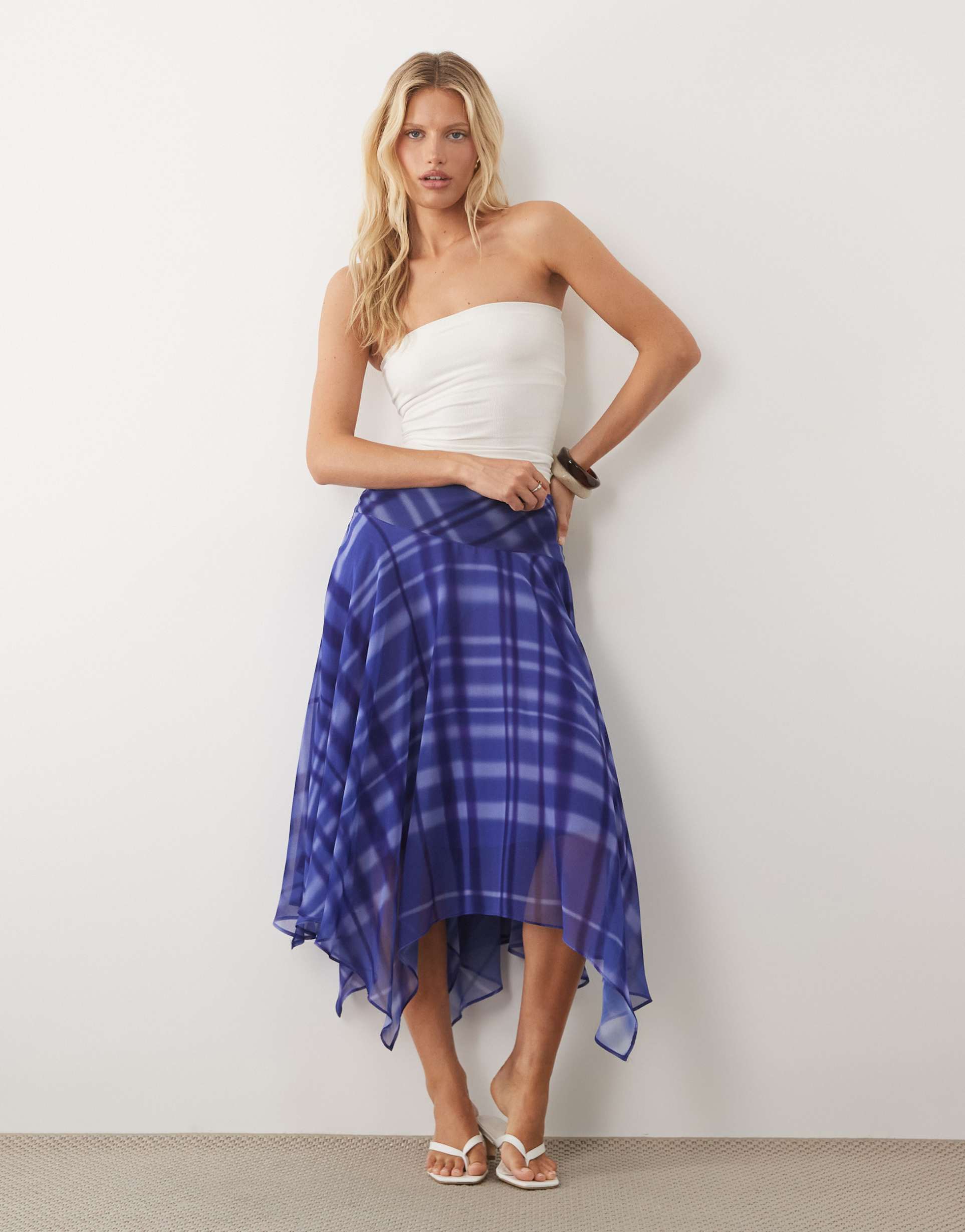 mango dolpin hanky hem midi skirt in blue plaid print - part of a set