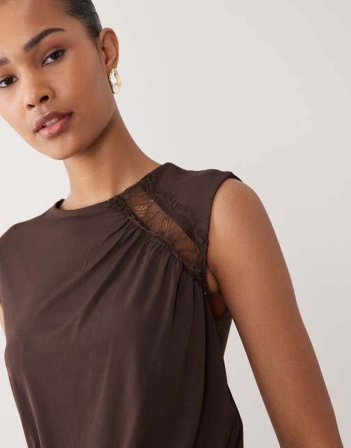 Mango - Doorschijnende mouwloze top met kanten detail in bruin, 3 van 4