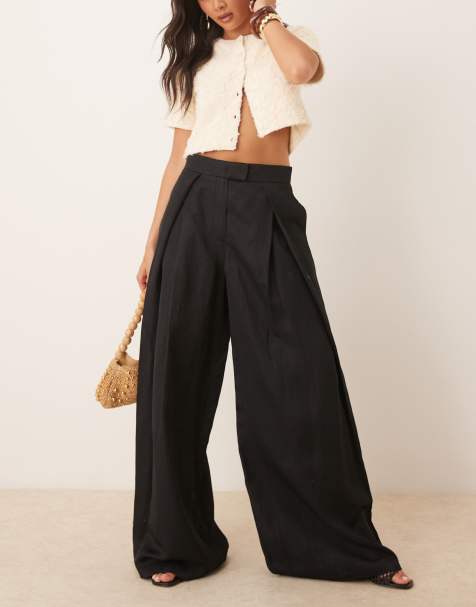Mango linen mix open pleat front tailored trouser with wasitband detail in black