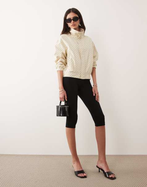 Mango Dots 100% cotton high neck zip up jacket in beige and black polka dots - view 1