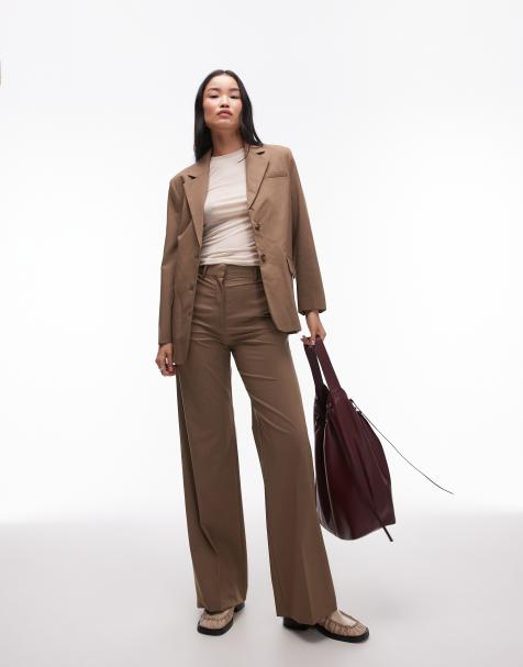 Mango double breasted blazer and wide leg trouser co-ord in brown - view 1