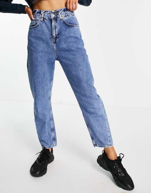 Mango double button elasticated waist mom jean in blue ASOS