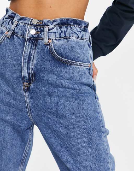 Mango double button elasticated waist mom jean in blue, 3 of 4