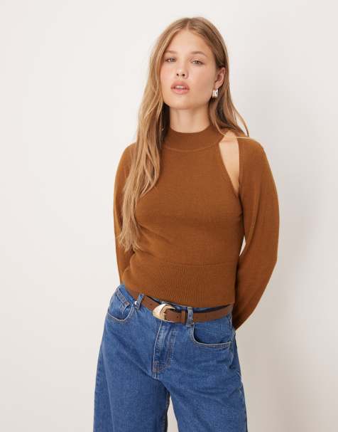 Mango double layer knit top in brown - view 1