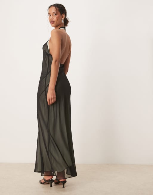 Mango double layered scoop back maxi dress with soft contoured exposed seam  in black | ASOS