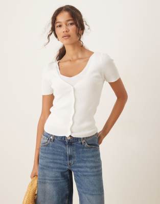 Mango Double Layered Short Sleeve Fine Knit Cardigan In White
