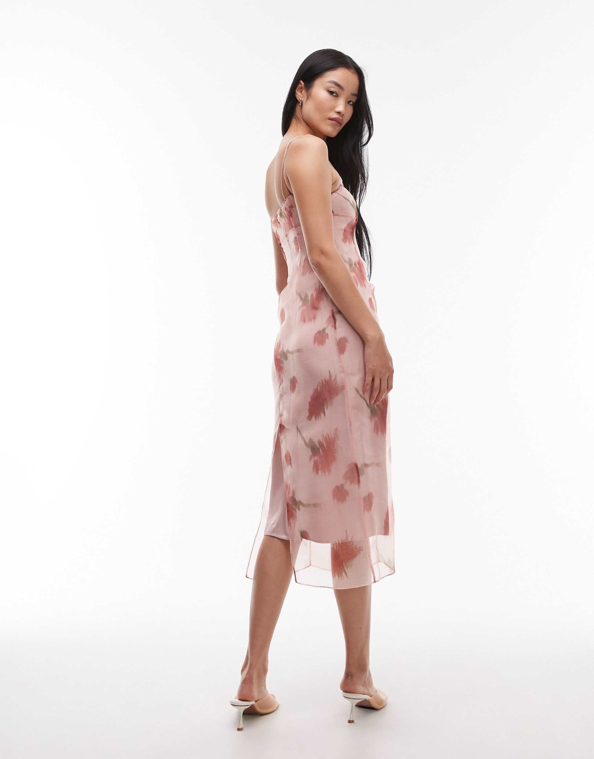 mango double layered v-neck midi dress in pastel pink