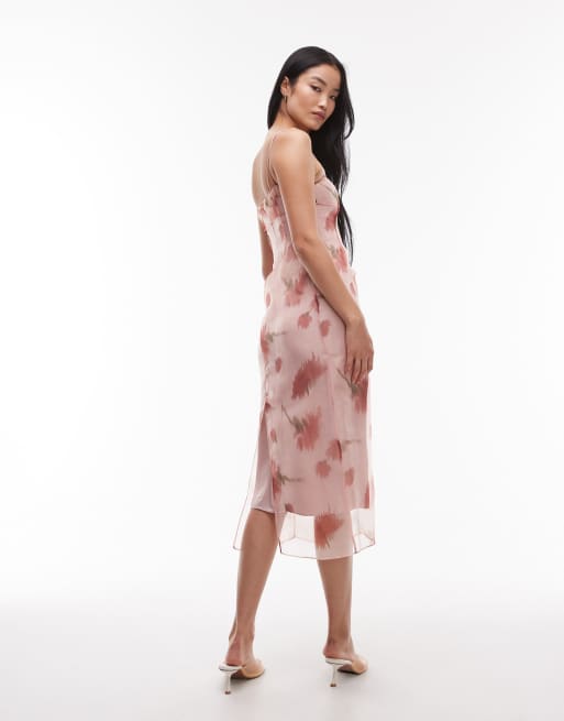 Mango double layered v-neck midi dress in pastel pink, 3 of 4