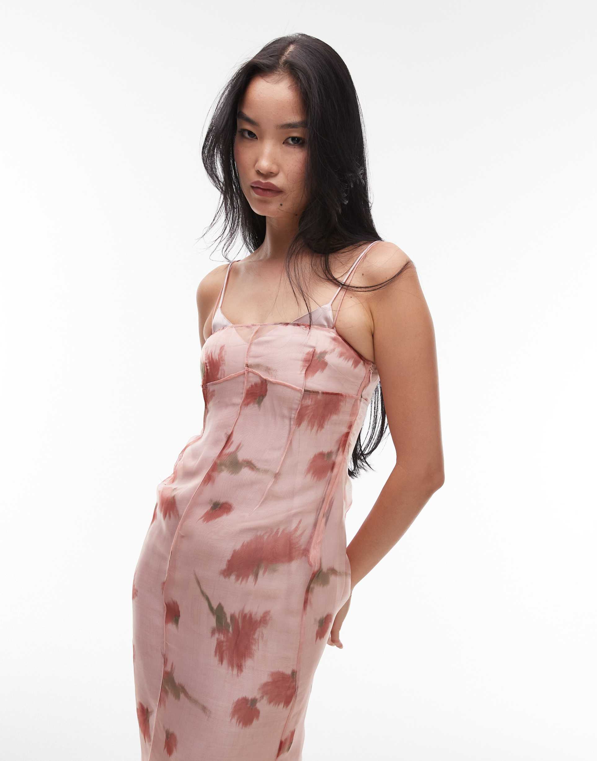 mango double layered v-neck midi dress in pastel pink
