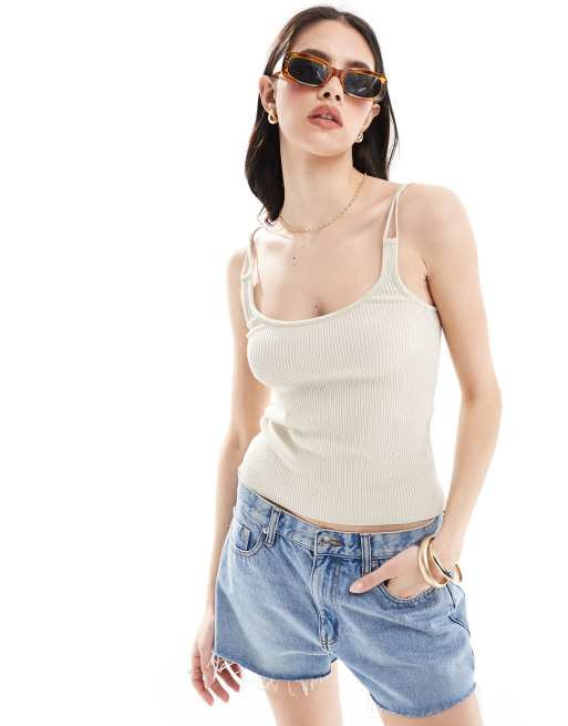 Mango double strap knitted tank top in beige