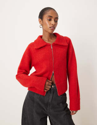 Mango Double Zip Knit Cardigan In Red