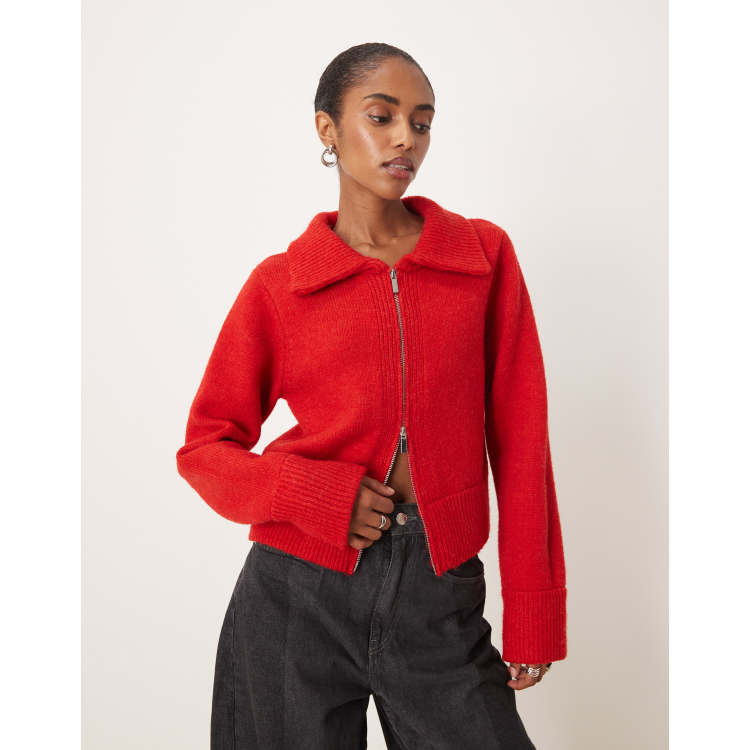 Mango double zip knit cardigan in red | ASOS