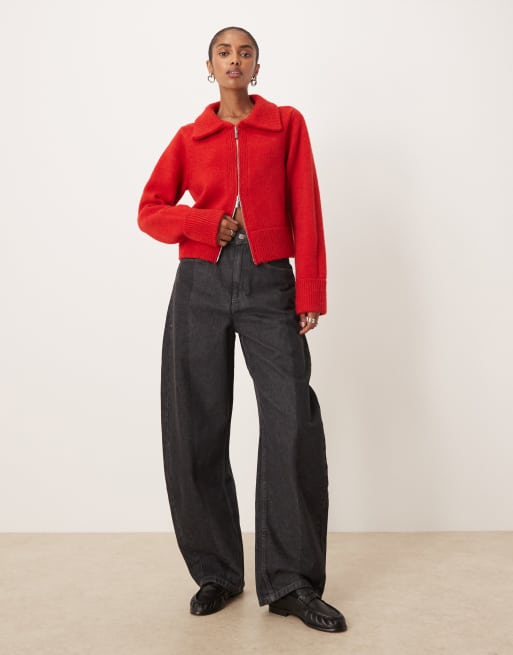 Mango double zip knit cardigan in red