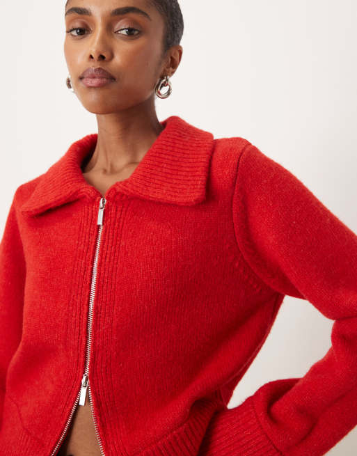 Mango double zip knit cardigan in red | ASOS