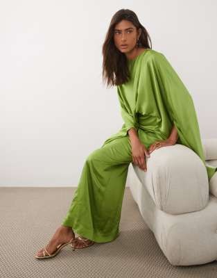 Mango drape detail satin half sleeve maxi dress in green