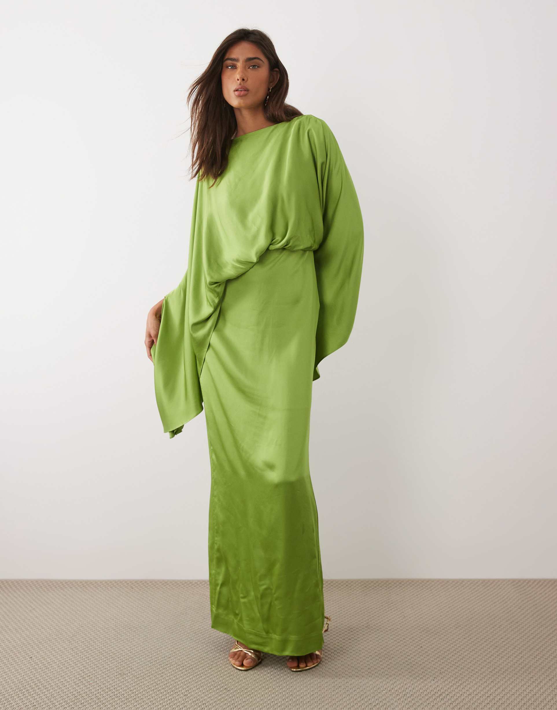 mango drape detail satin half sleeve maxi dress in green