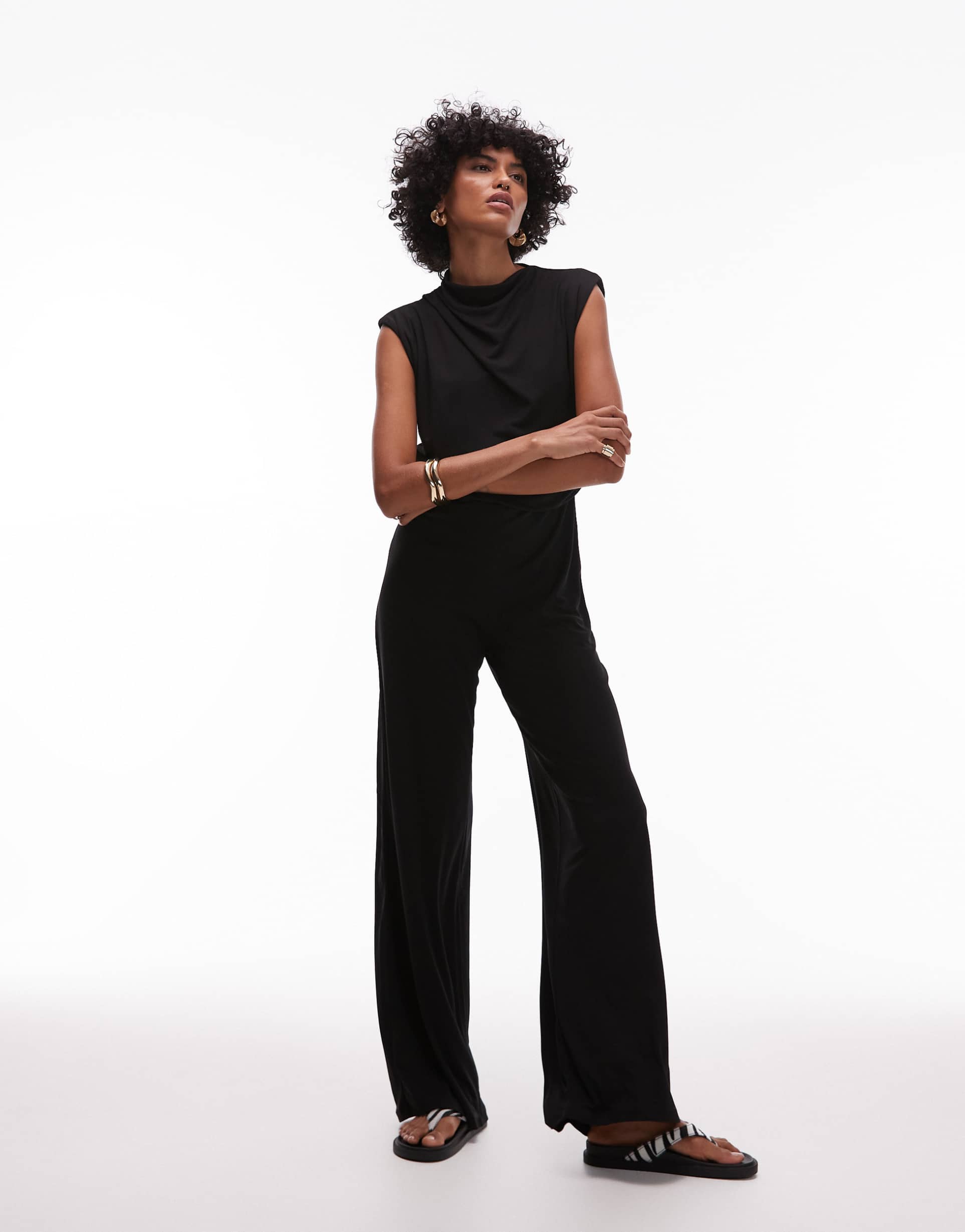 mango drape neck detail sleeveless jumpsuit in black