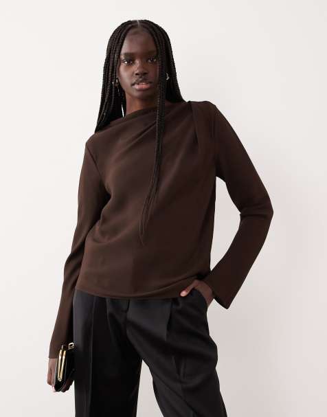 Mango drape neck long sleeve top in chocolate - view 1