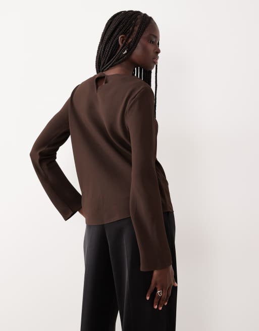 Mango drape neck long sleeve top in chocolate, 4 of 4