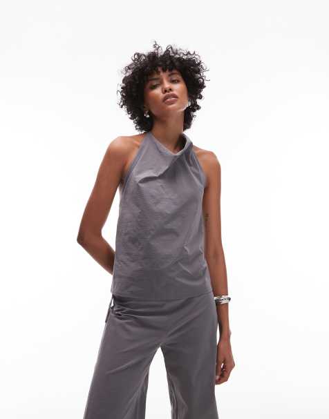Mango drape neck open back bengaline top with hoop detail fastening co-ord in grey - view 1