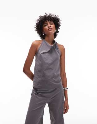 Mango Drape Neck Open Back Bengaline Top With Hoop Detail Fastening In Gray
