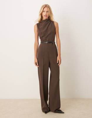 Mango Drape Neck Sleeveless Belted Jumpsuit In Brown