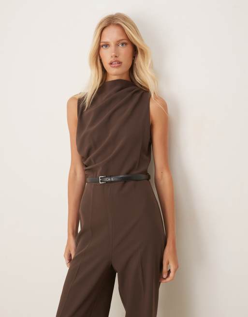 Mango drape neck sleeveless belted jumpsuit in brown