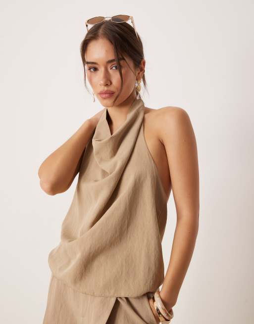 Mango - Blouse d'ensemble drapée dos nu - Beige