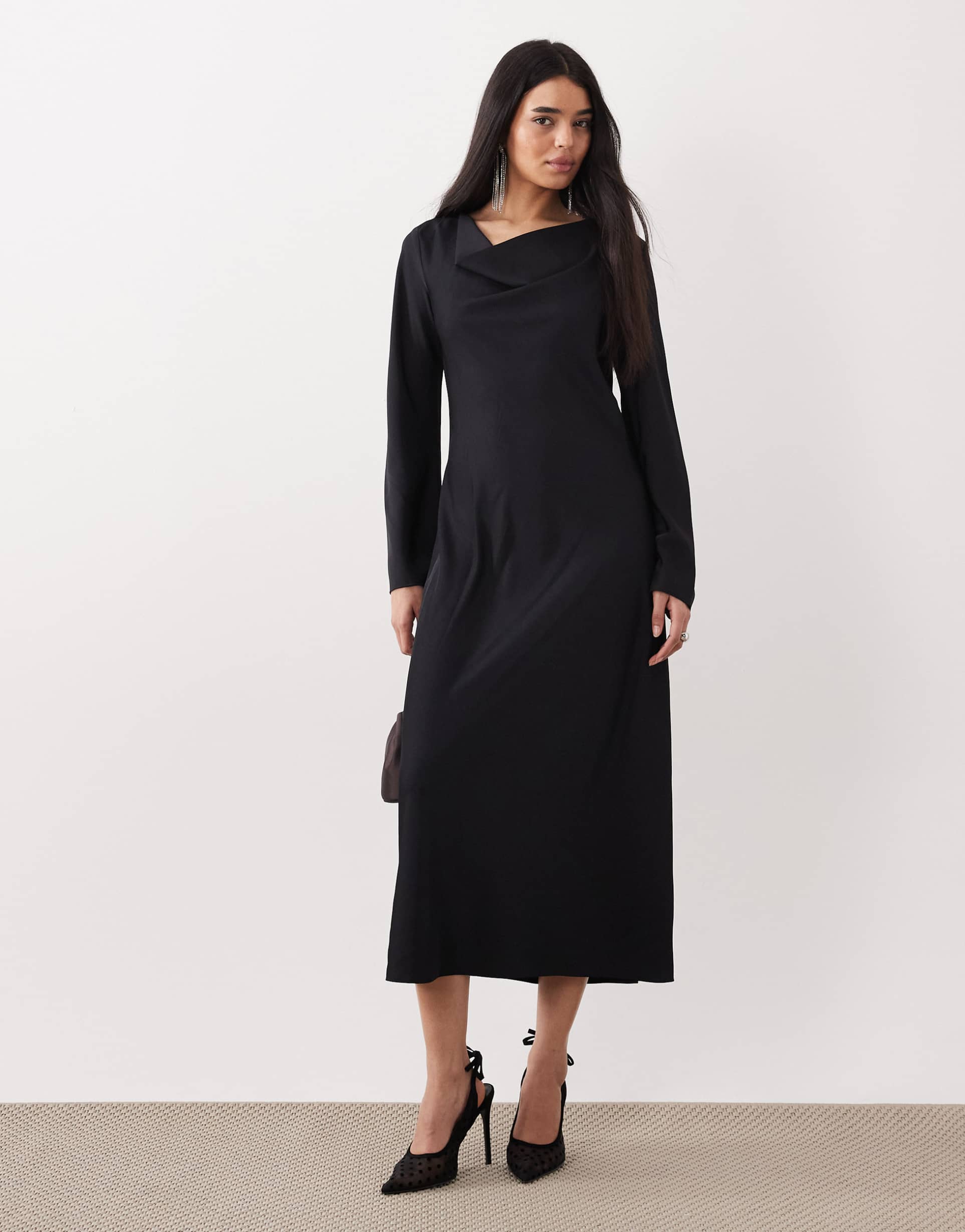 mango draped neck long sleeve maxi dress in black