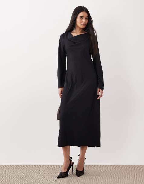 Mango draped neck long sleeve maxi dress in black