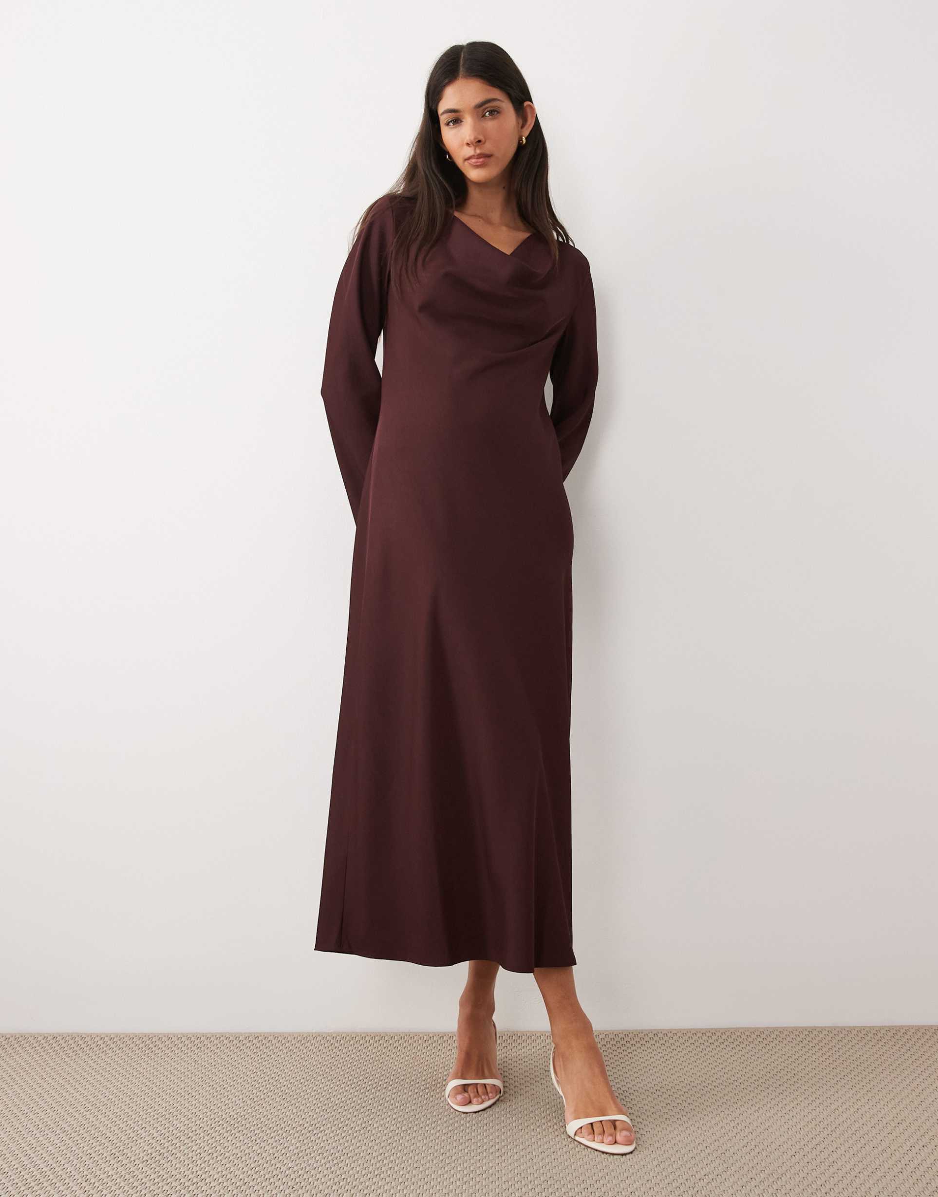 mango draped neck long sleeve maxi dress in deep red