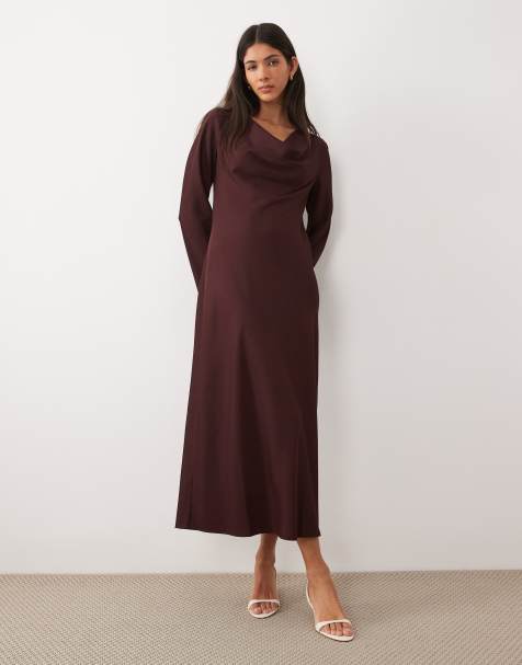 Mango draped neck long sleeve maxi dress in deep red