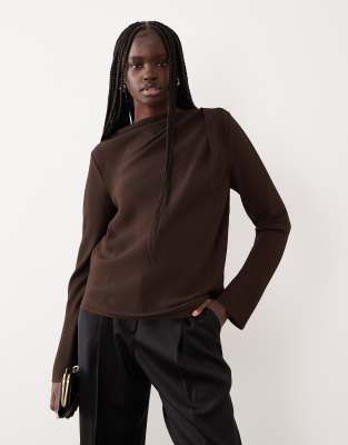 Mango Draped Neck Long Sleeve Top In Brown