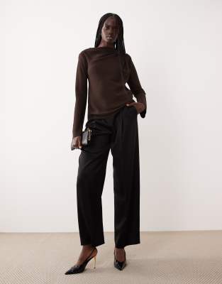 Mango Draped Neck Long Sleeve Top In Brown