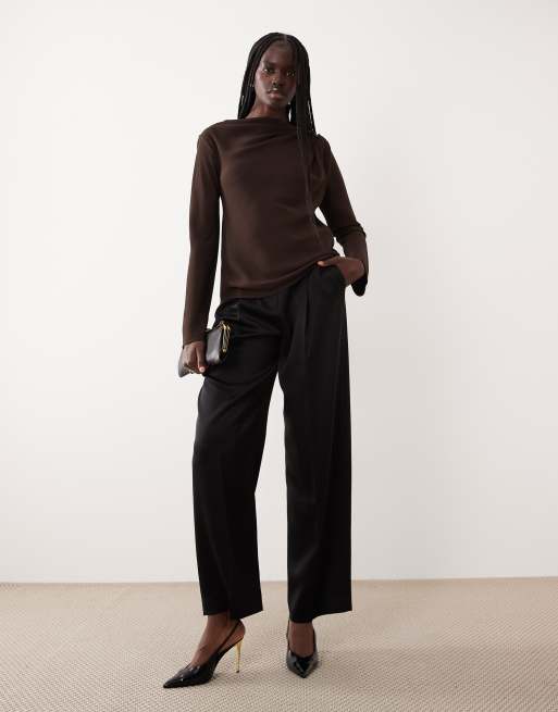 Mango draped neck long sleeve top in chocolate, 2 of 4