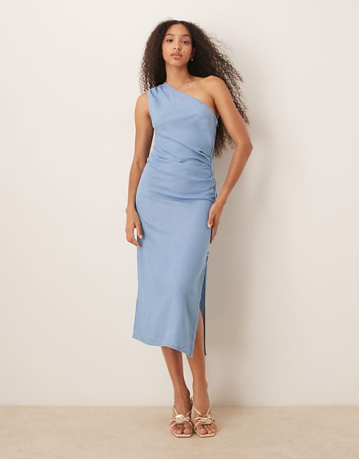 one shoulder denim dress Boston Proper - Dark Wash Blue - Front Slit Column Midi 100% Premium Cotton Denim Crafted from lightweight premium cotton denim One Shoulder Front Slit Denim