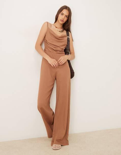 Mango draped ruched bodice jumpsuit with wide leg in rustic brown - view 1