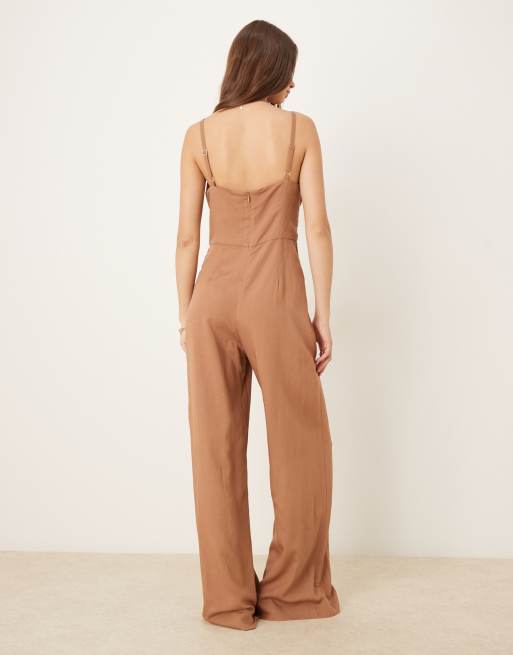 Mango draped ruched bodice jumpsuit with wide leg in rustic brown