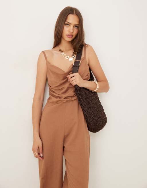Mango draped ruched bodice jumpsuit with wide leg in rustic brown