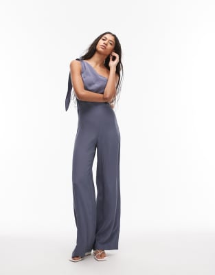 Mango - Drapierter Jumpsuit in Grau mit One-Shoulder-Träger-Schwarz