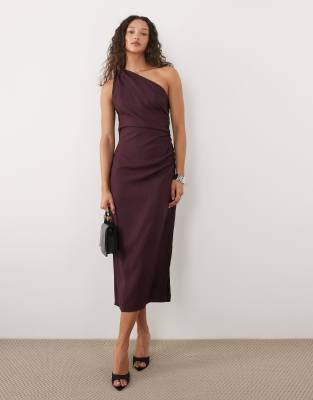Mango - Drapiertes Midikleid aus Leinenmix in Pflaume mit One-Shoulder-Träger-Lila