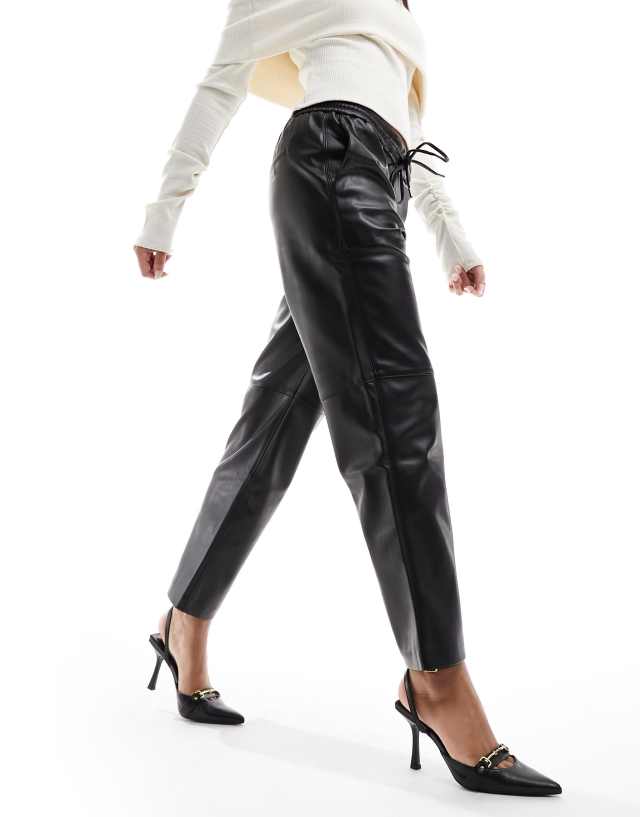 Mango - drawstring slim leather look trousers in black