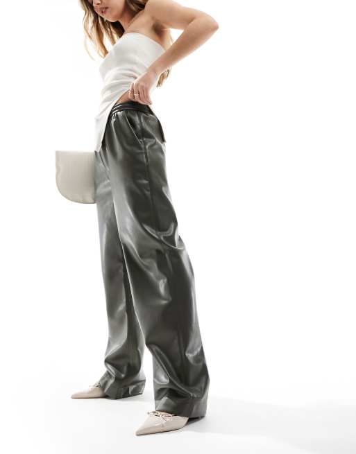 Mango drawstring soft leather look pants in khaki